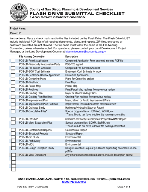 Form PDS-839 Flash Drive Submittal Checklist - County of San Diego, California