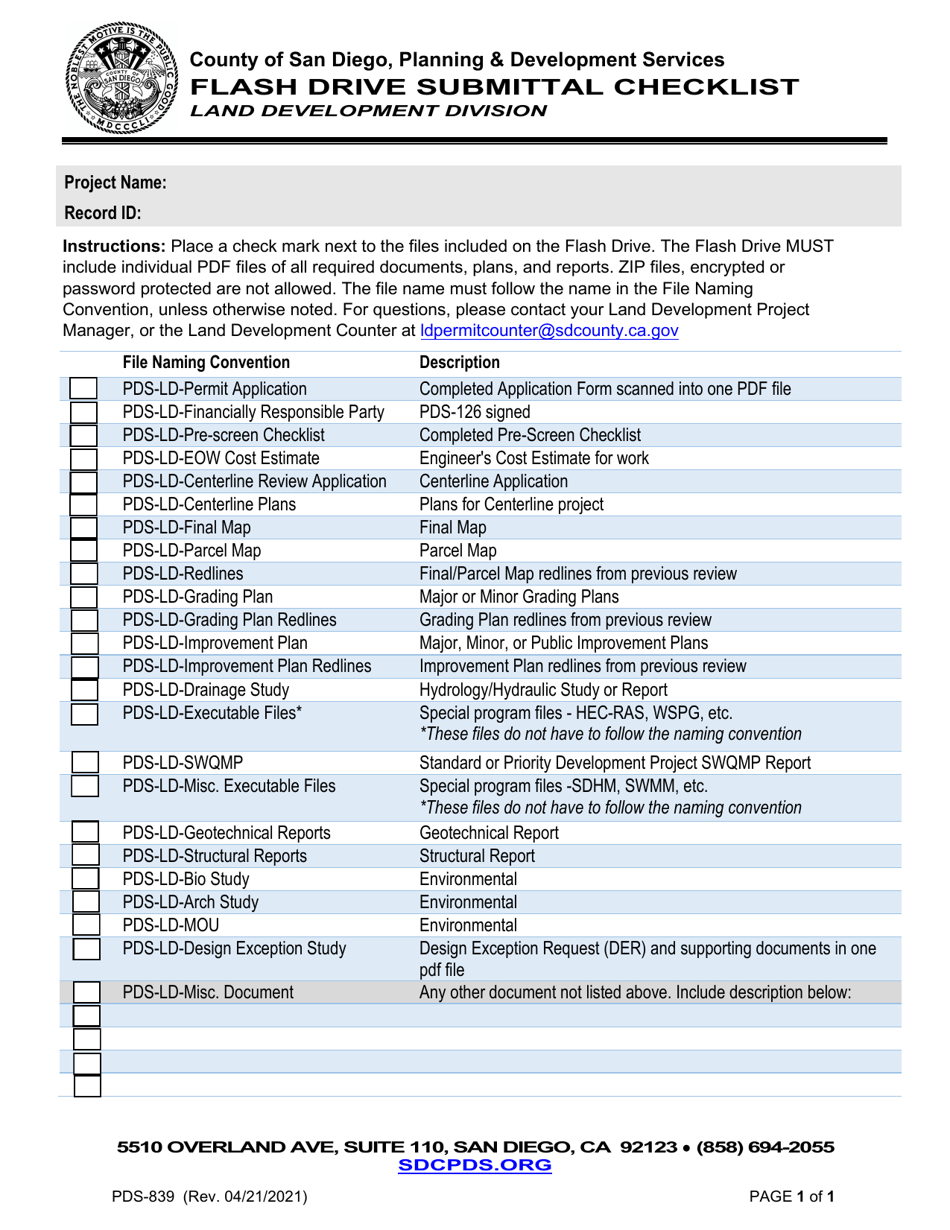 Form PDS-839 Flash Drive Submittal Checklist - County of San Diego, California, Page 1
