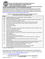 Form PDS-820 Grading and Improvement Plan Pre-screening Checklist - County of San Diego, California
