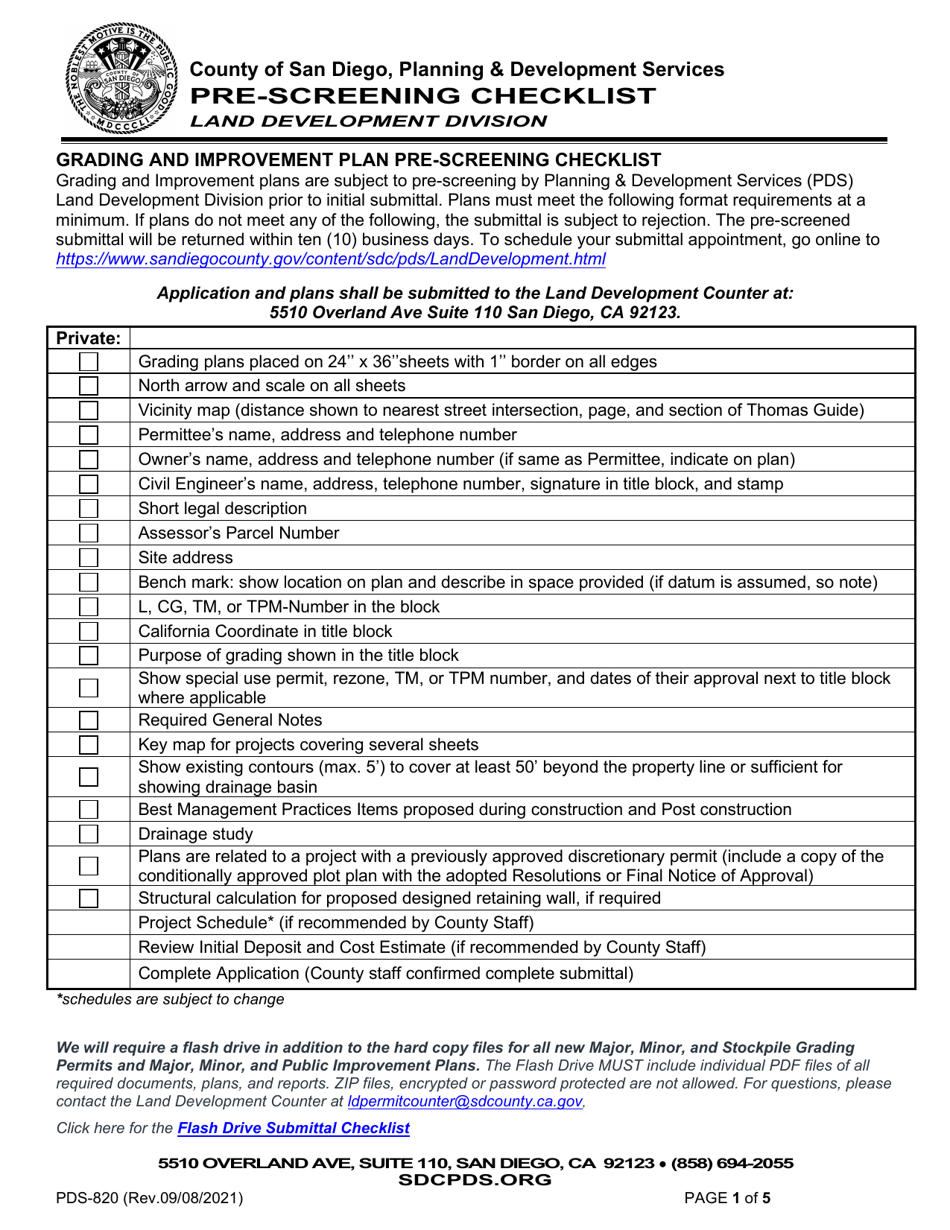 Form PDS-820 Grading and Improvement Plan Pre-screening Checklist - County of San Diego, California, Page 1
