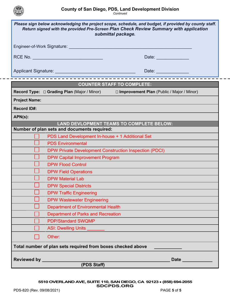 Form PDS-820 Grading and Improvement Plan Pre-screening Checklist - County of San Diego, California, Page 5