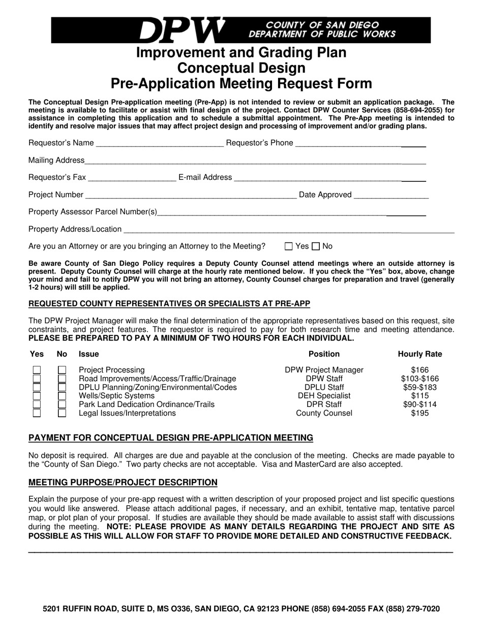 Improvement and Grading Plan Conceptual Design Pre-application Meeting Request Form - County of San Diego, California, Page 1