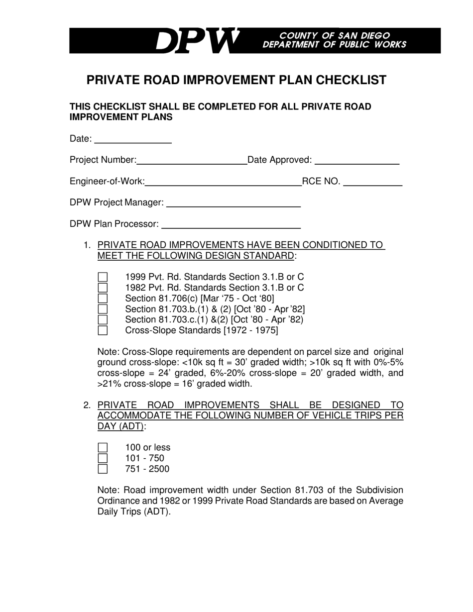 Private Road Improvement Plan Checklist - County of San Diego, California, Page 1