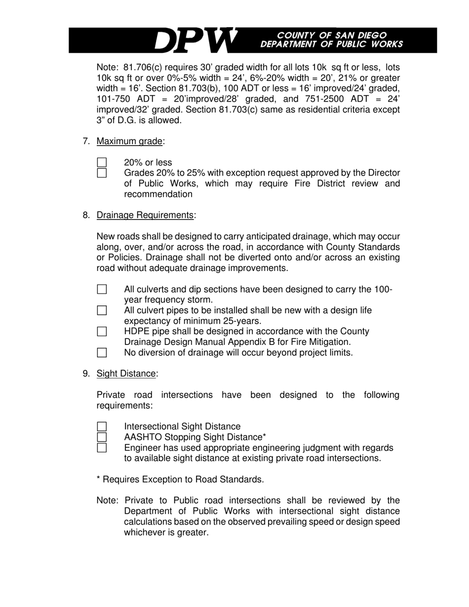 Private Road Improvement Plan Checklist - County of San Diego, California, Page 3