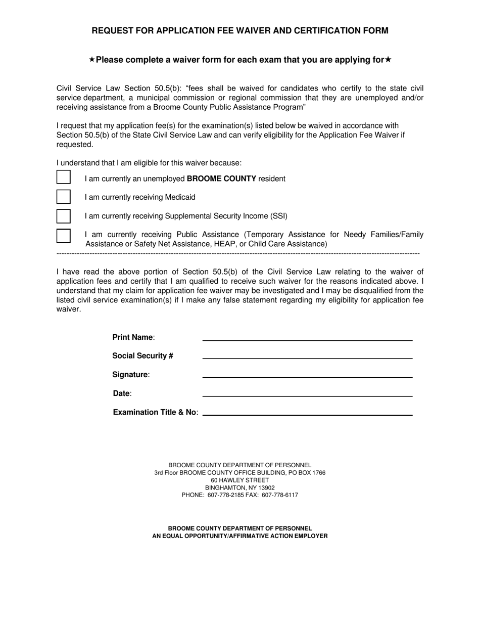 Request for Application Fee Waiver and Certification Form - Broome County, New York, Page 1