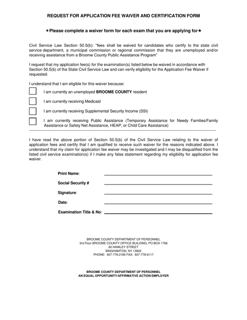 Request for Application Fee Waiver and Certification Form - Broome County, New York Download Pdf