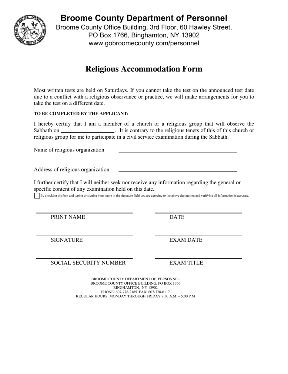 Religious Accommodation Form - Broome County, New York, Page 1