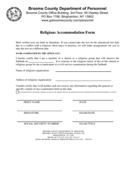 &quot;Religious Accommodation Form&quot; - Broome County, New York