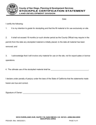 Form PDS-829 Stockpile Certification Statement - County of San Diego, California