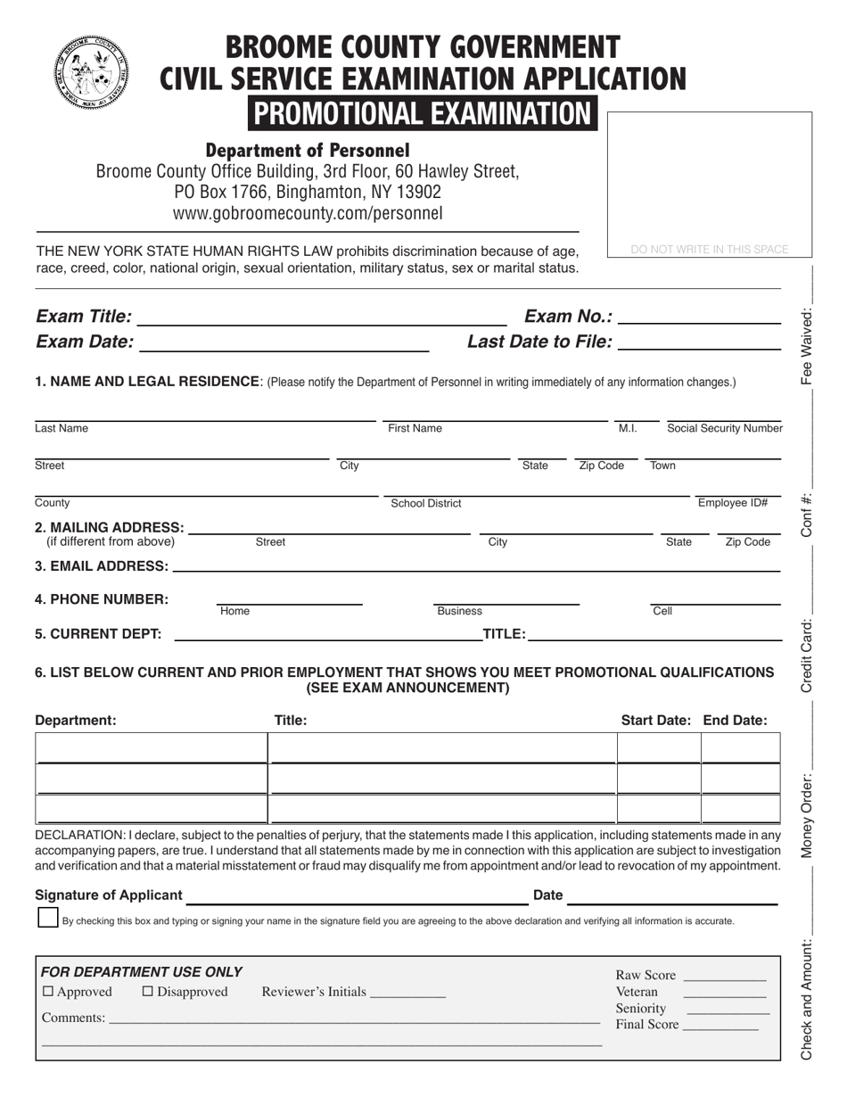 Broome County, New York Civil Service Examination Application