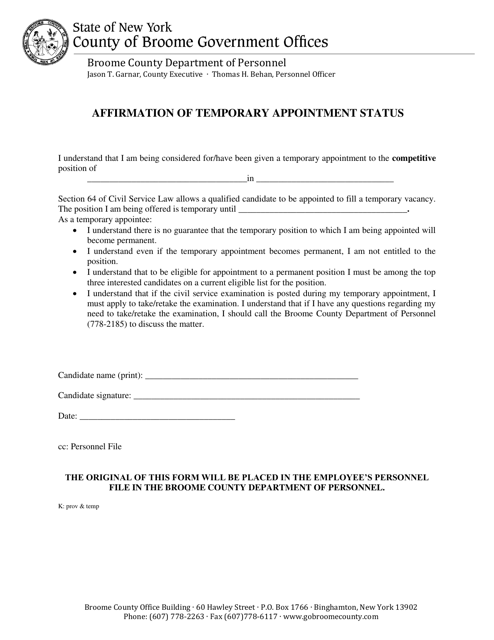 Affirmation of Temporary Appointment Status - Broome County, New York Download Pdf