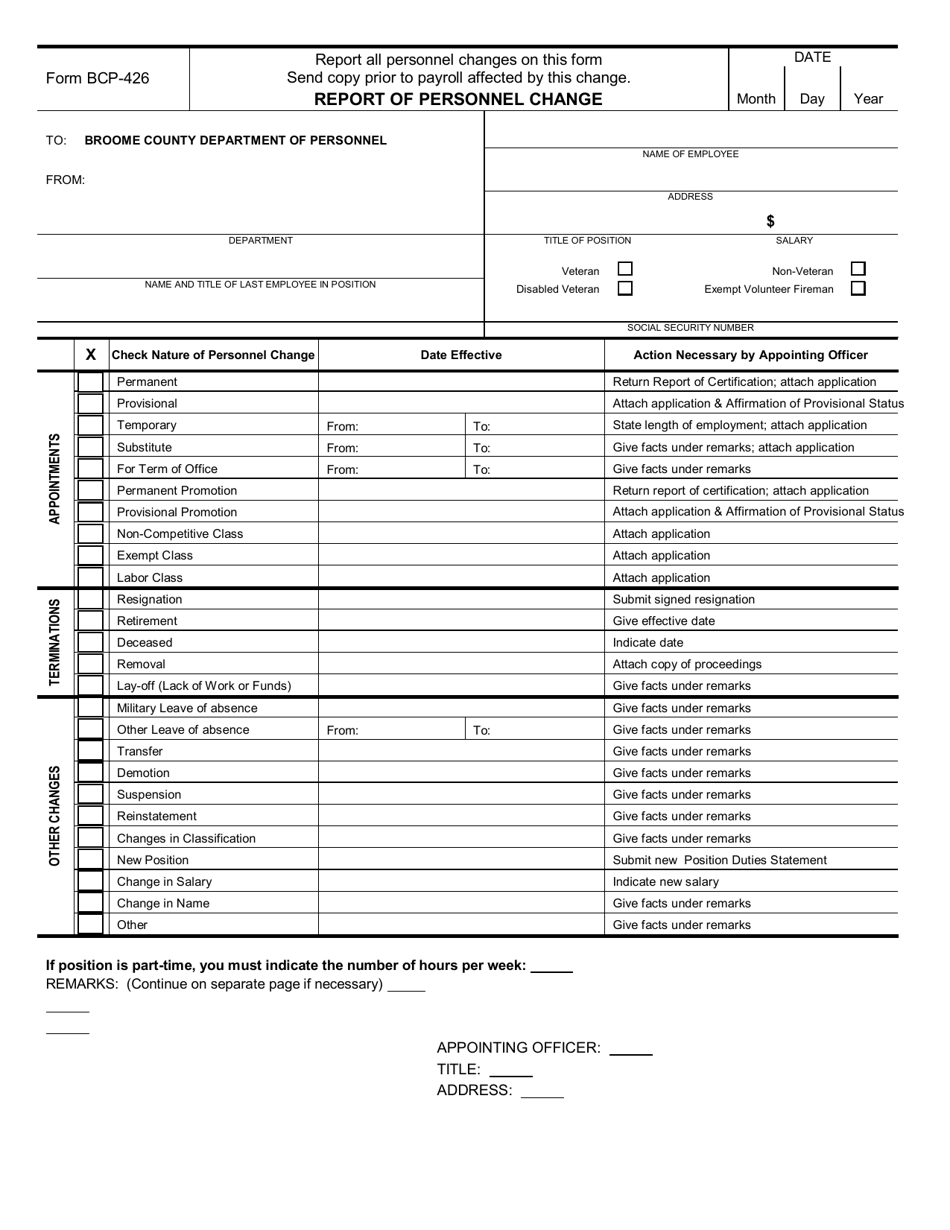 Form BCP-426 Report of Personnel Change - Broome County, New York, Page 1
