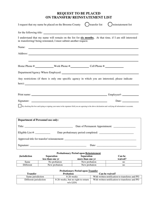 Request to Be Placed on Transfer/Reinstatement List - Broome County, New York