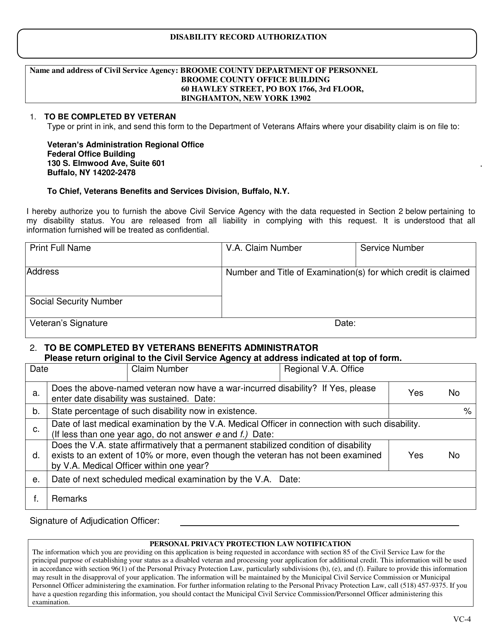 Form VC-4 Disability Record Authorization - Broome County, New York