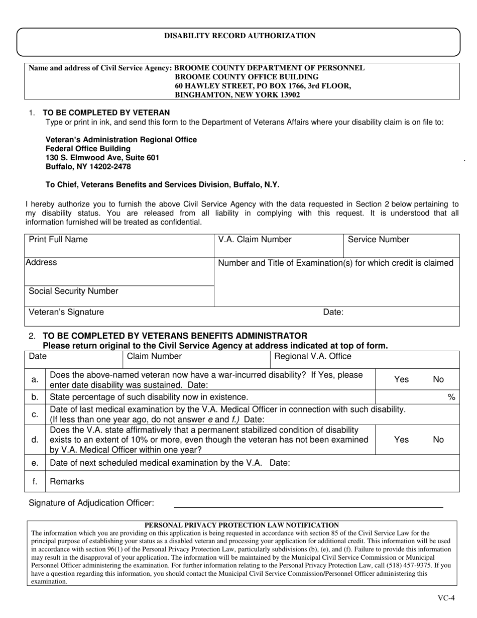 Form VC4 Fill Out, Sign Online and Download Fillable PDF, Broome County, New York