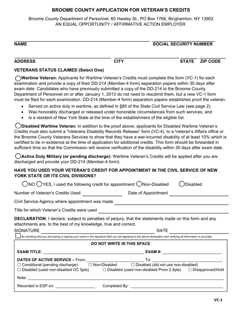Form VC-1 Application for Veteran's Credits - Broome County, New York