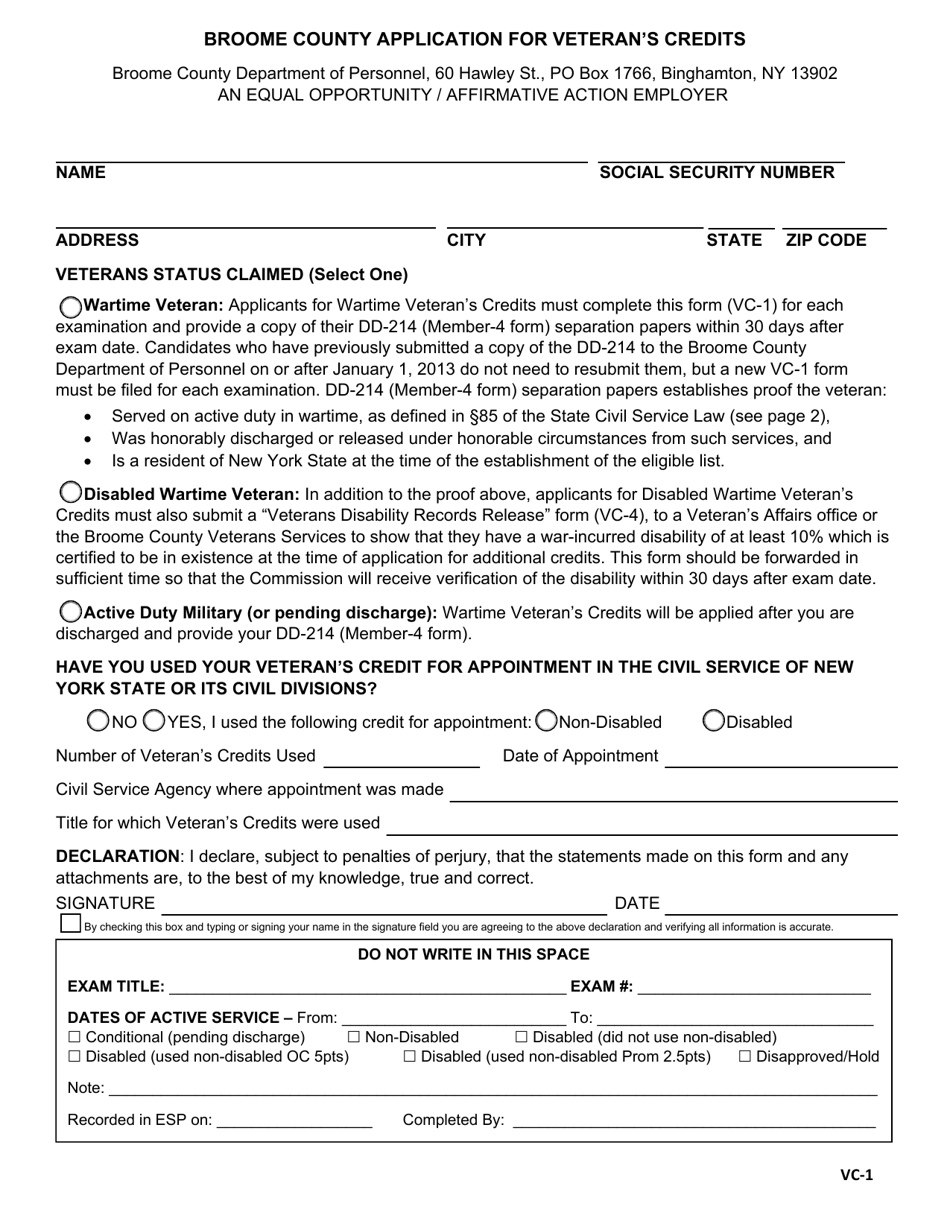 Form VC-1 Application for Veterans Credits - Broome County, New York, Page 1