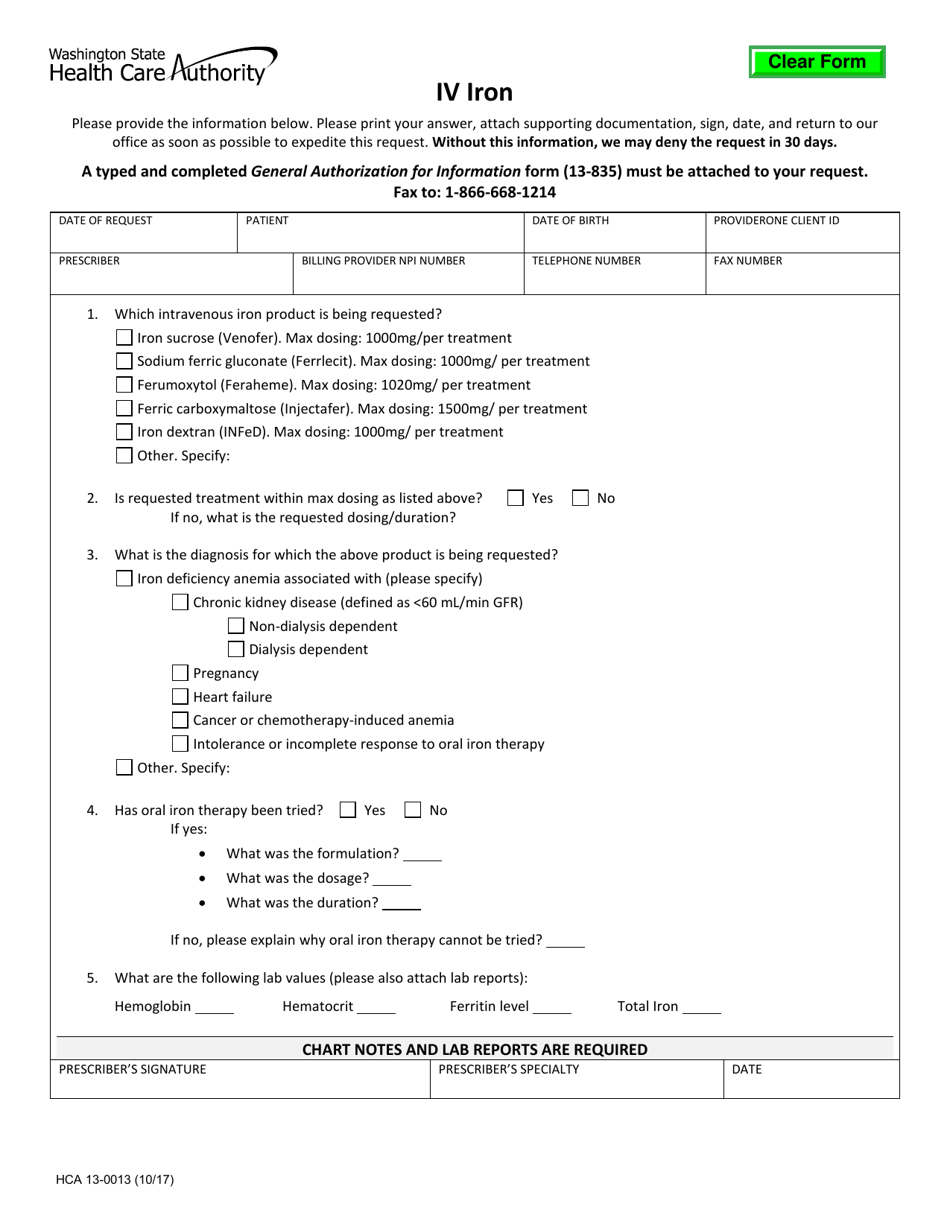 Form HCA13-0013 IV Iron Request Form - Washington, Page 1