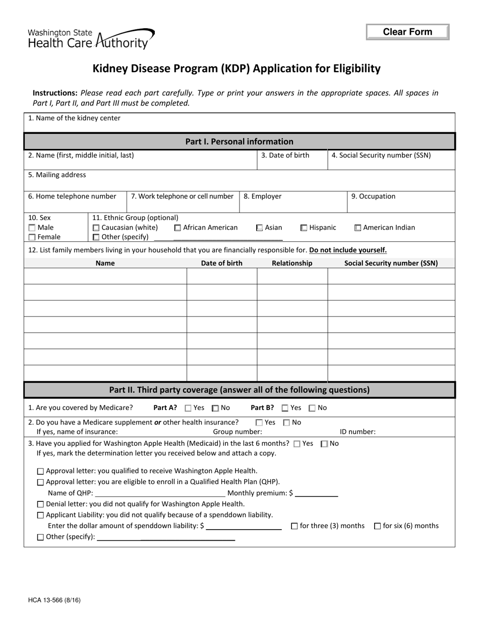 Form HCA13-566 Kidney Disease Program (Kdp) Application for Eligibility - Washington, Page 1