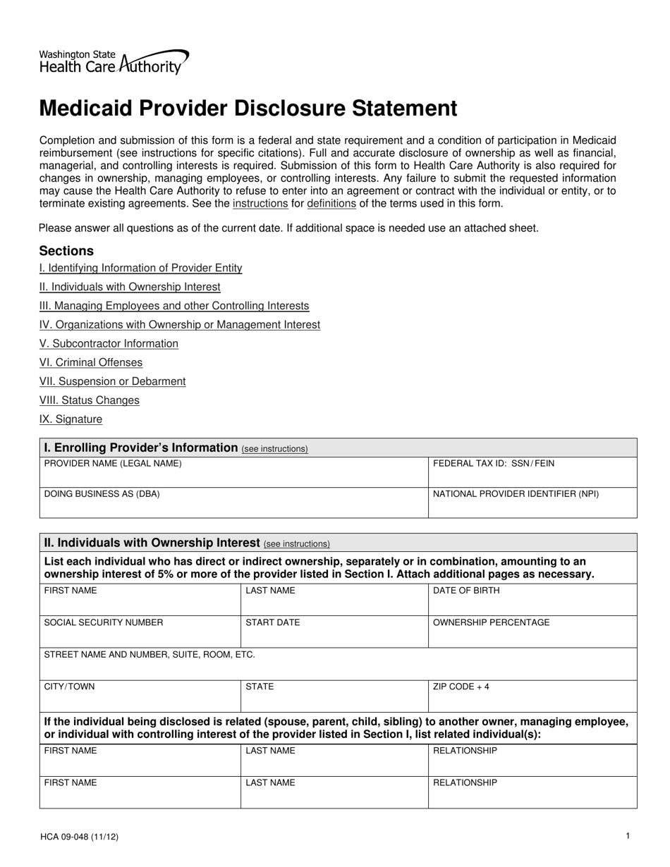Form HCA09-048 Medicaid Provider Disclosure Statement - Washington, Page 1