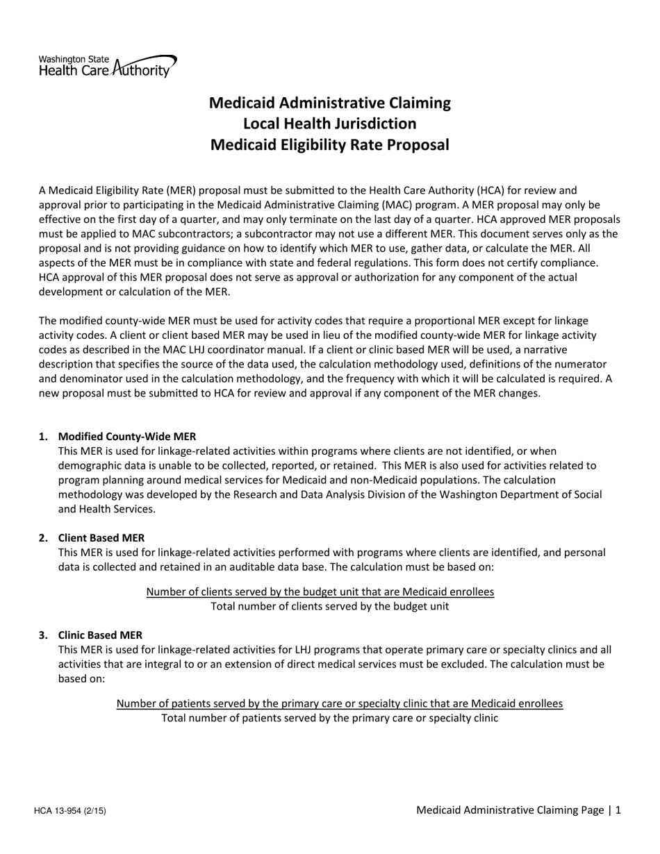 Form HCA13-954 Medicaid Eligibility Rate Proposal - Washington, Page 1