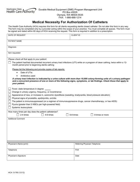 Form HCA13-760 Medical Necessity for Authorization of Catheters - Washington