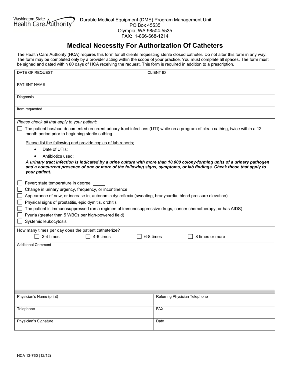 Form HCA13-760 Medical Necessity for Authorization of Catheters - Washington, Page 1