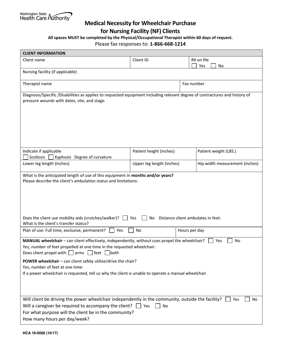 Form HCA19-0006 Medical Necessity for Wheelchair Purchase for Nursing Facility (Nf) Clients - Washington, Page 1
