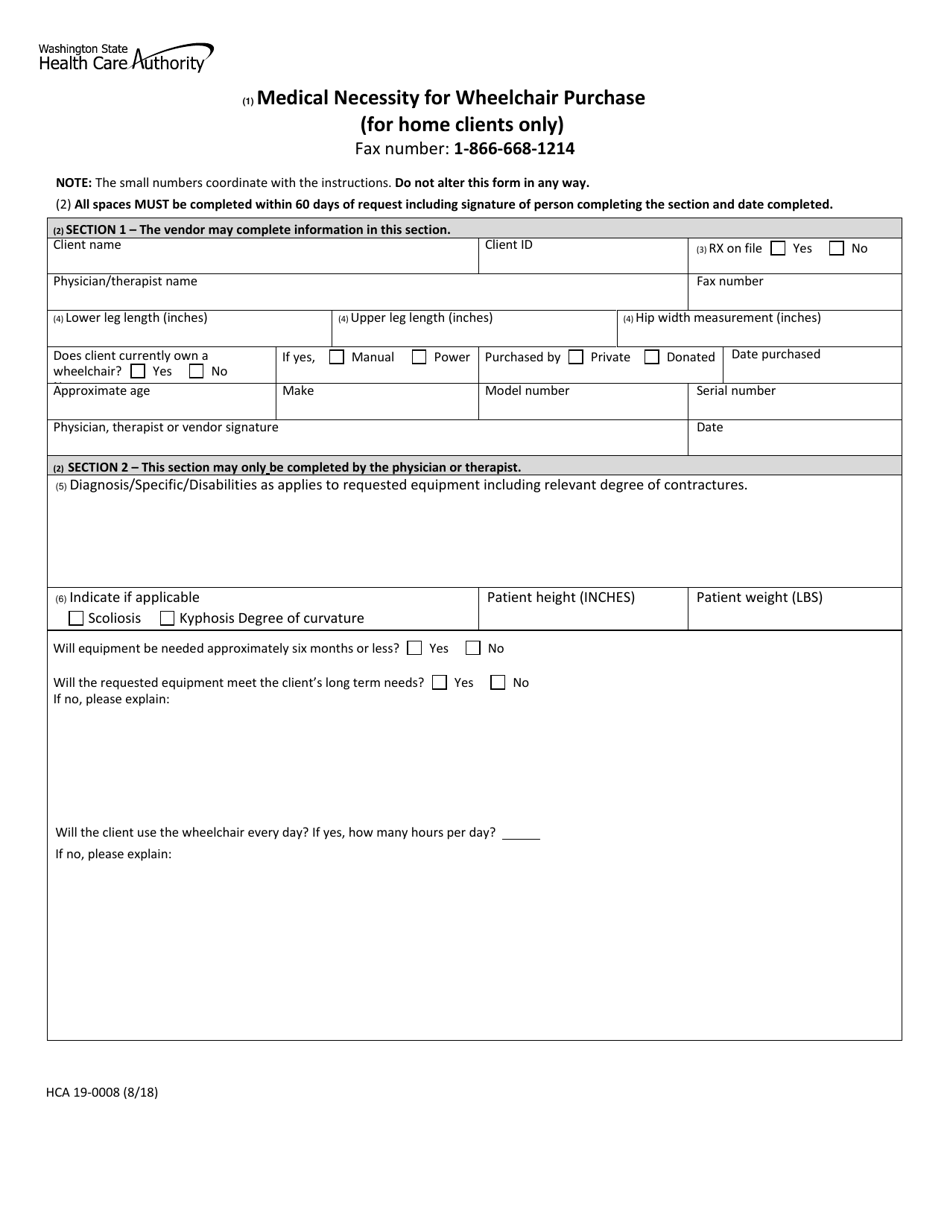 Form HCA19-0008 Medical Necessity for Wheelchair Purchase (For Home Clients Only) - Washington, Page 1