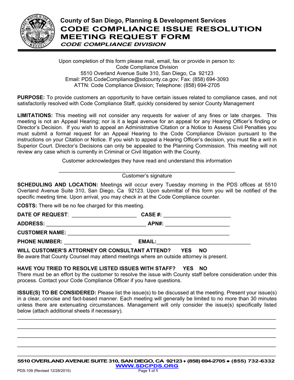 Form PDS-109 Code Compliance Issue Resolution Meeting Request Form - County of San Diego, California, Page 1