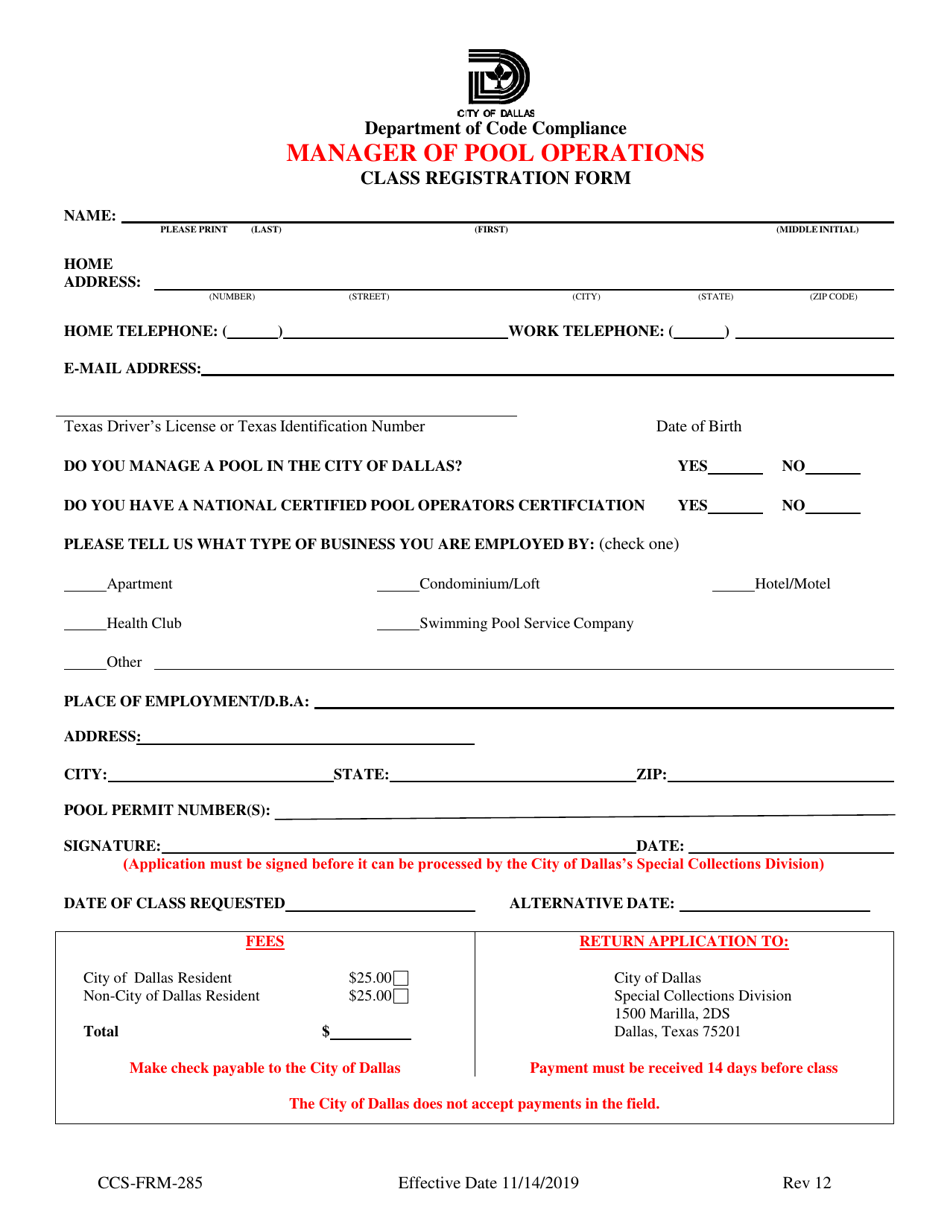 Form CCS-FRM-285 Manager of Pool Operations Class Registration Form - City of Dallas, Texas, Page 1