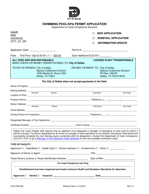 Form CCS-FRM-284 Swimming Pool/SPA Permit Application - City of Dallas, Texas