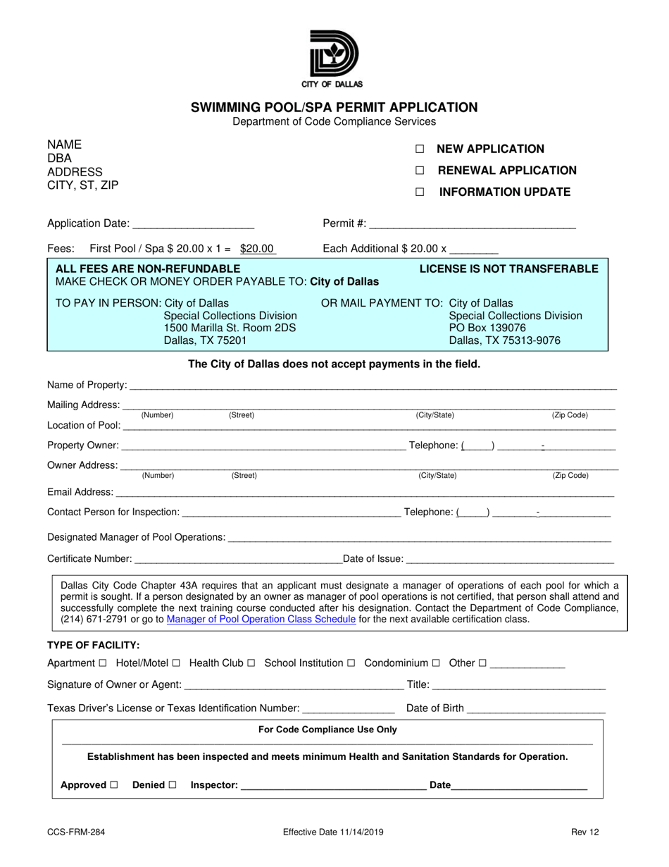 Form CCS-FRM-284 Swimming Pool / SPA Permit Application - City of Dallas, Texas, Page 1