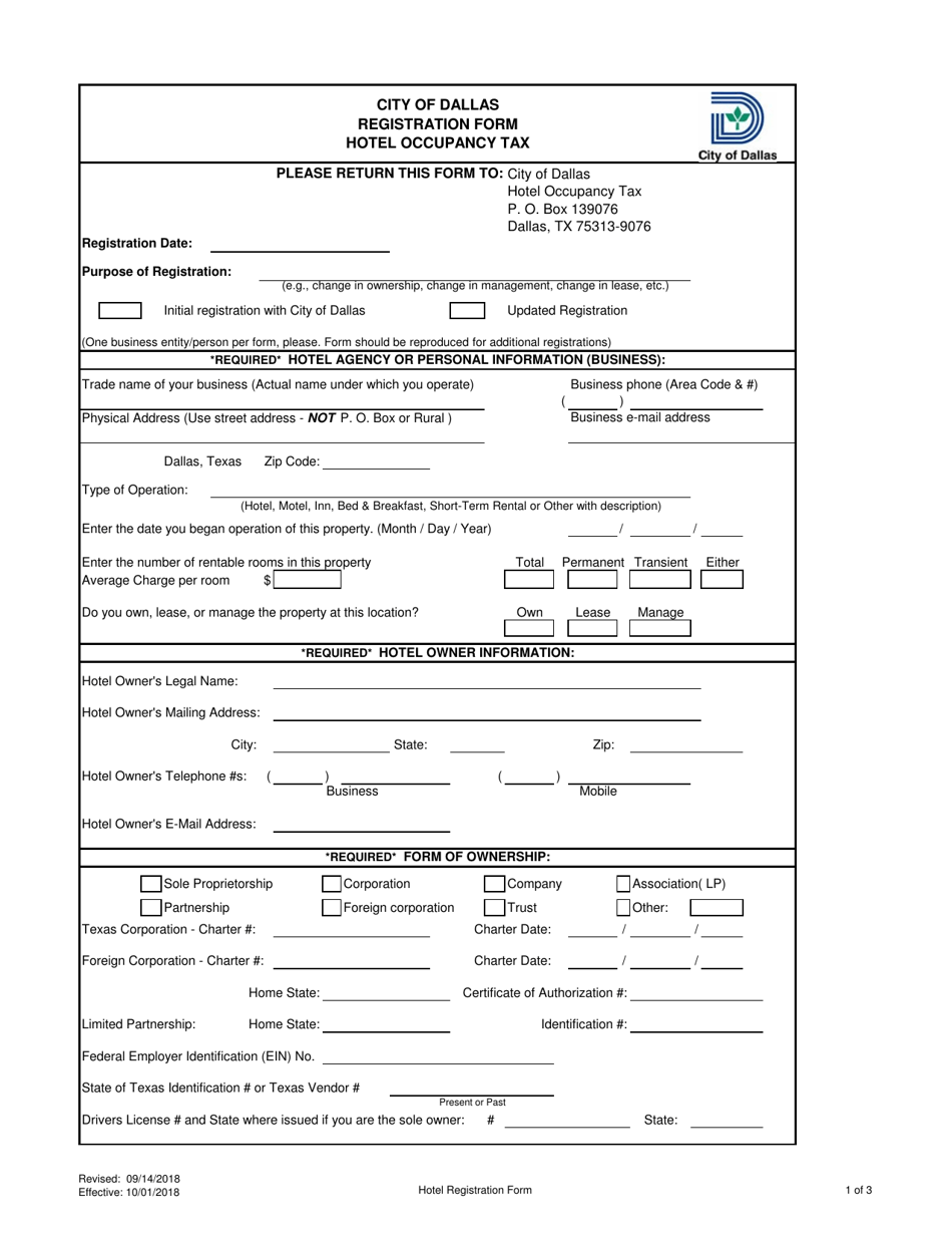 Hotel Occupancy Tax Registration Form - City of Dallas, Texas, Page 1