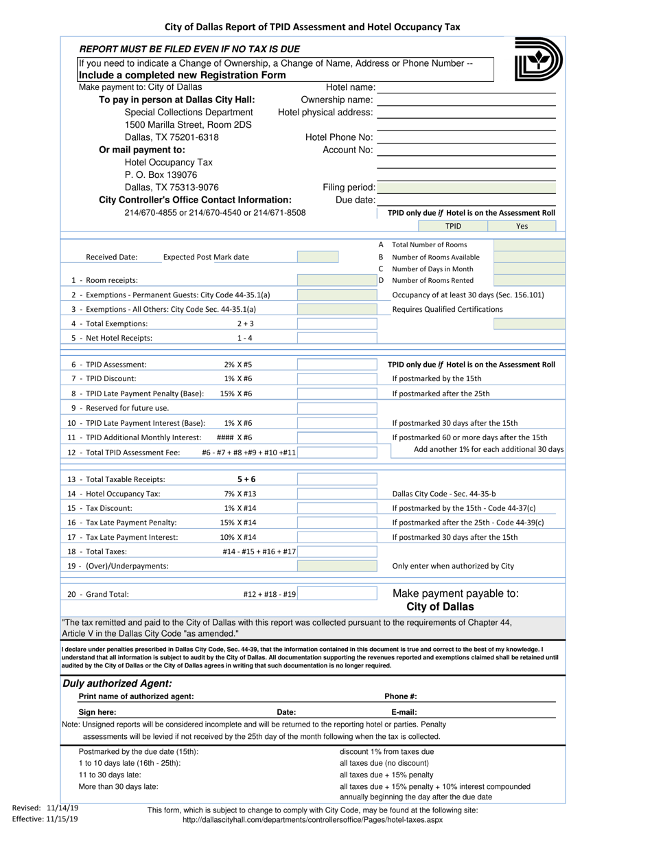 Report of Tpid Assessment and Hotel Occupancy Tax - City of Dallas, Texas, Page 1