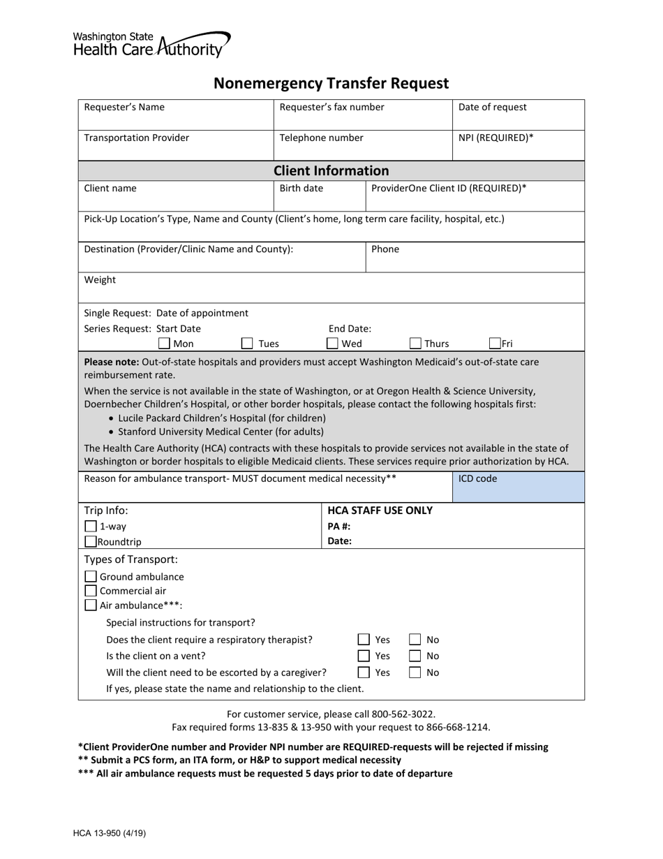 Form HCA13-950 Nonemergency Transfer Request - Washington, Page 1