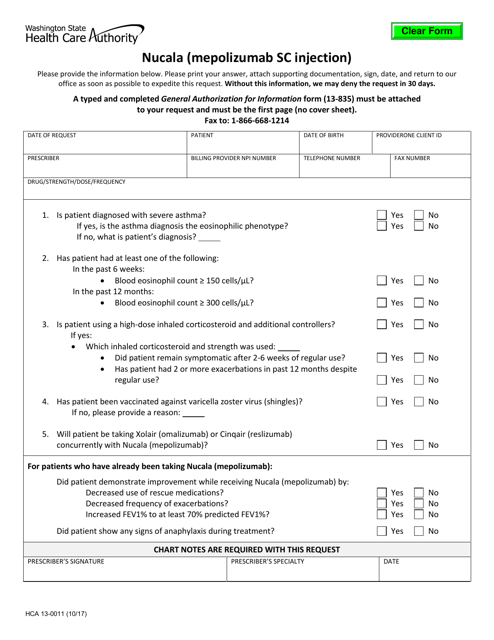 Form HCA13-0011 Nucala (Mepolizumab Sc Injection) Request Form - Washington
