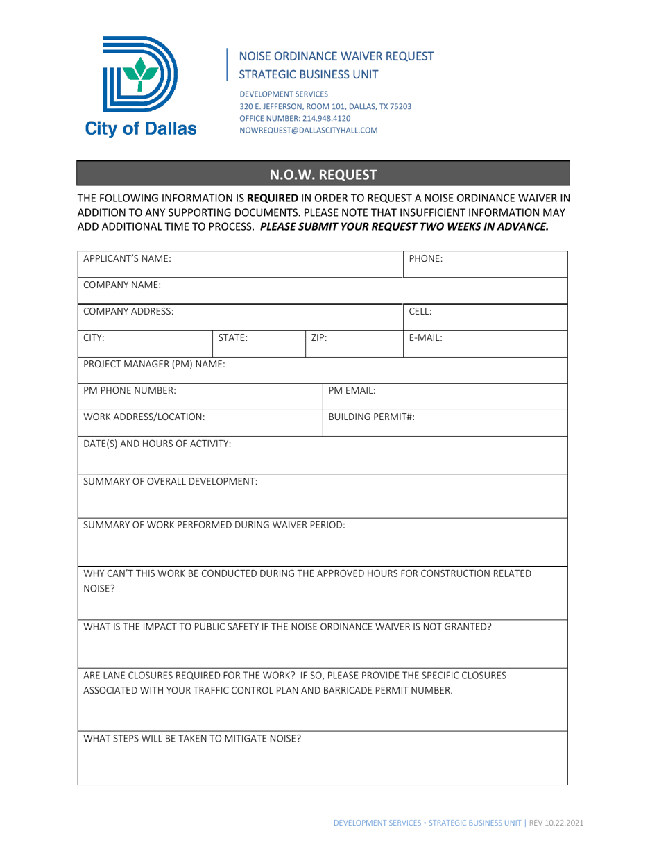 Noise Ordinance Waiver Request - City of Dallas, Texas, Page 1