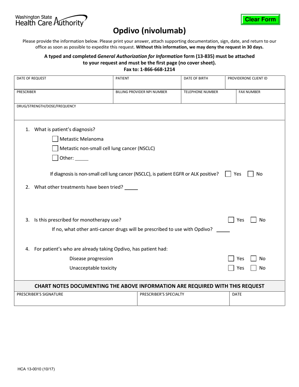 Form HCA13-0010 Opdivo (Nivolumab) - Washington, Page 1