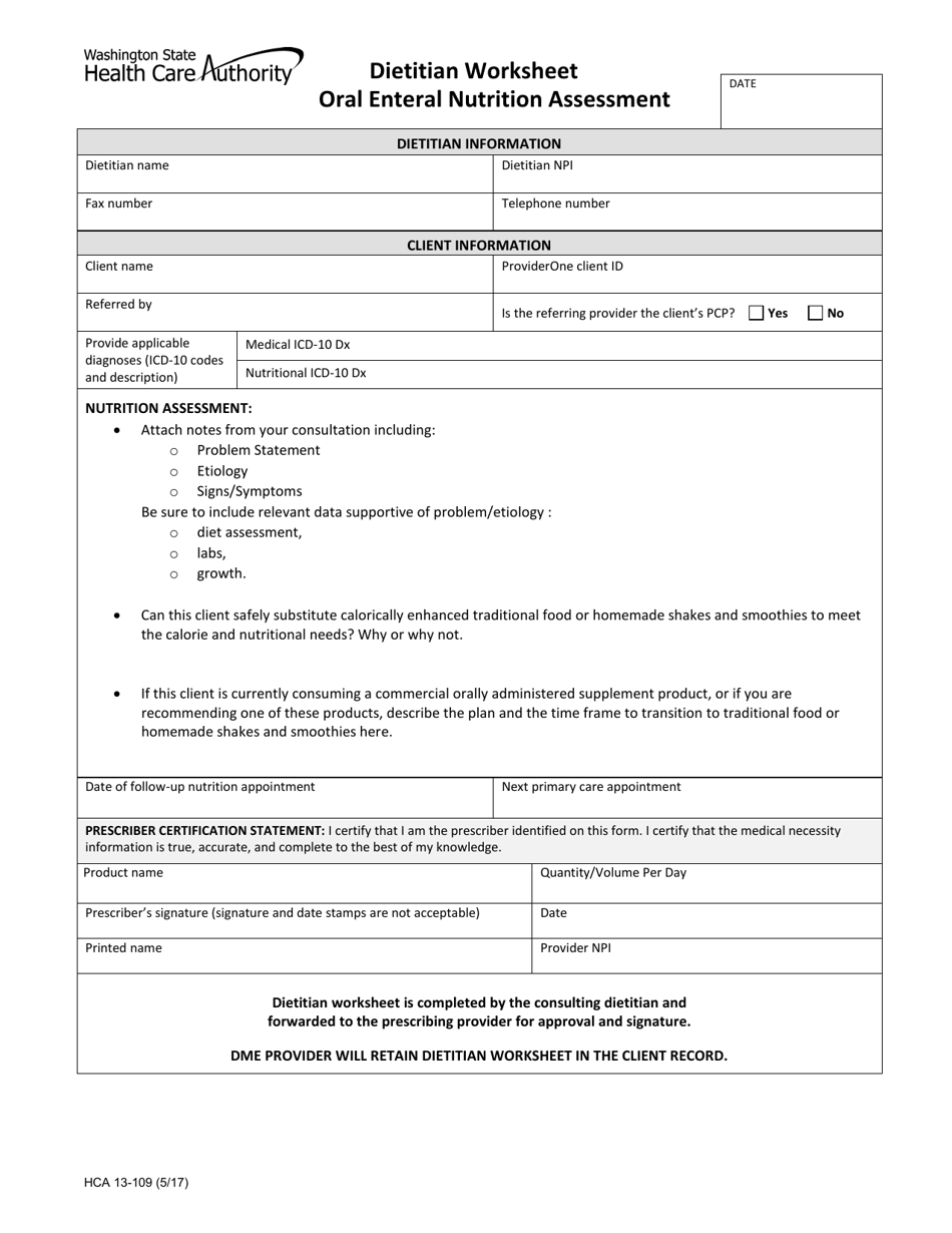 Form HCA13-109 Oral Enteral Nutrition Assessment - Dietitian Worksheet - Washington, Page 1