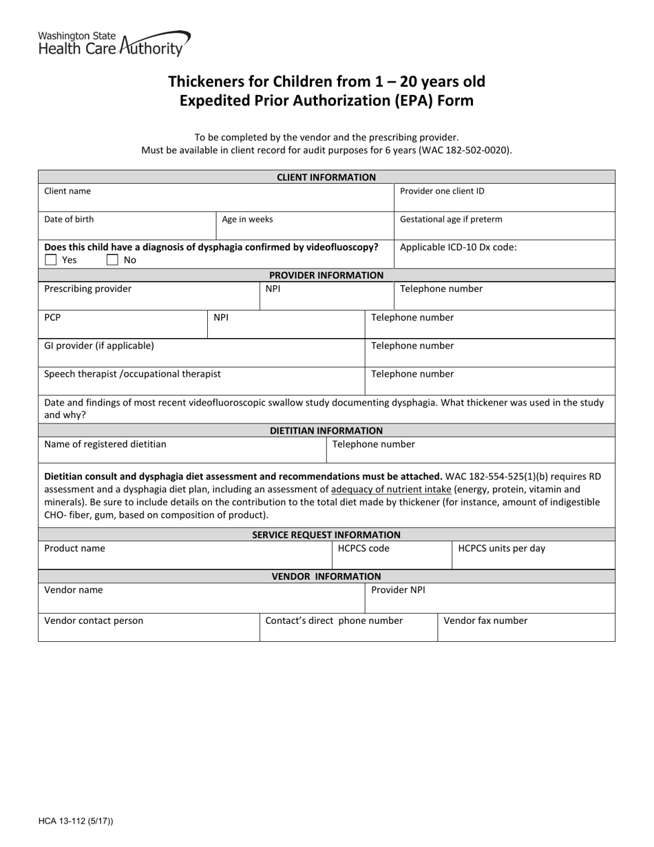 Form HCA13-112 Thickeners for Children From 1 - 20 Years Old Expedited Prior Authorization (EPA) Form - Washington, Page 1