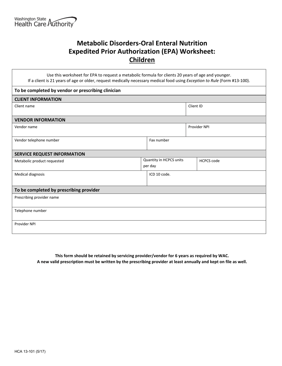 Form HCA13-101 Oral Enteral Nutrition Expedited Prior Authorization (EPA) Worksheet - Children - Washington, Page 1