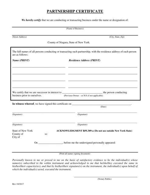 Partnership Certificate - Niagara County, New York Download Pdf