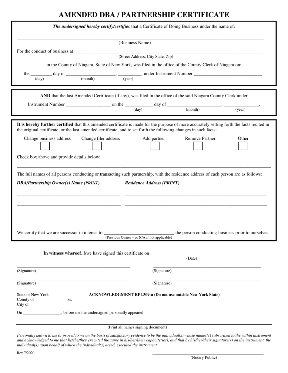 Niagara County New York Amended Dba/Partnership Certificate Fill Out