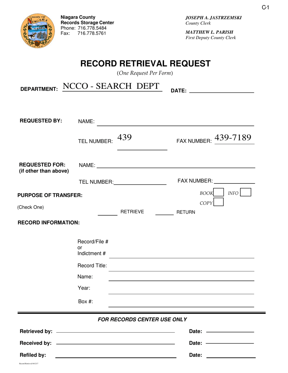 Form C-1 Record Retrieval Request - Niagara County, New York, Page 1