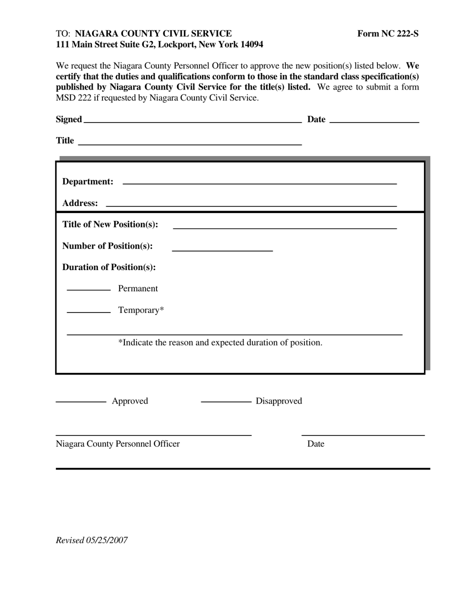 Form NC222-S New Position Approval Request - Niagara County, New York, Page 1