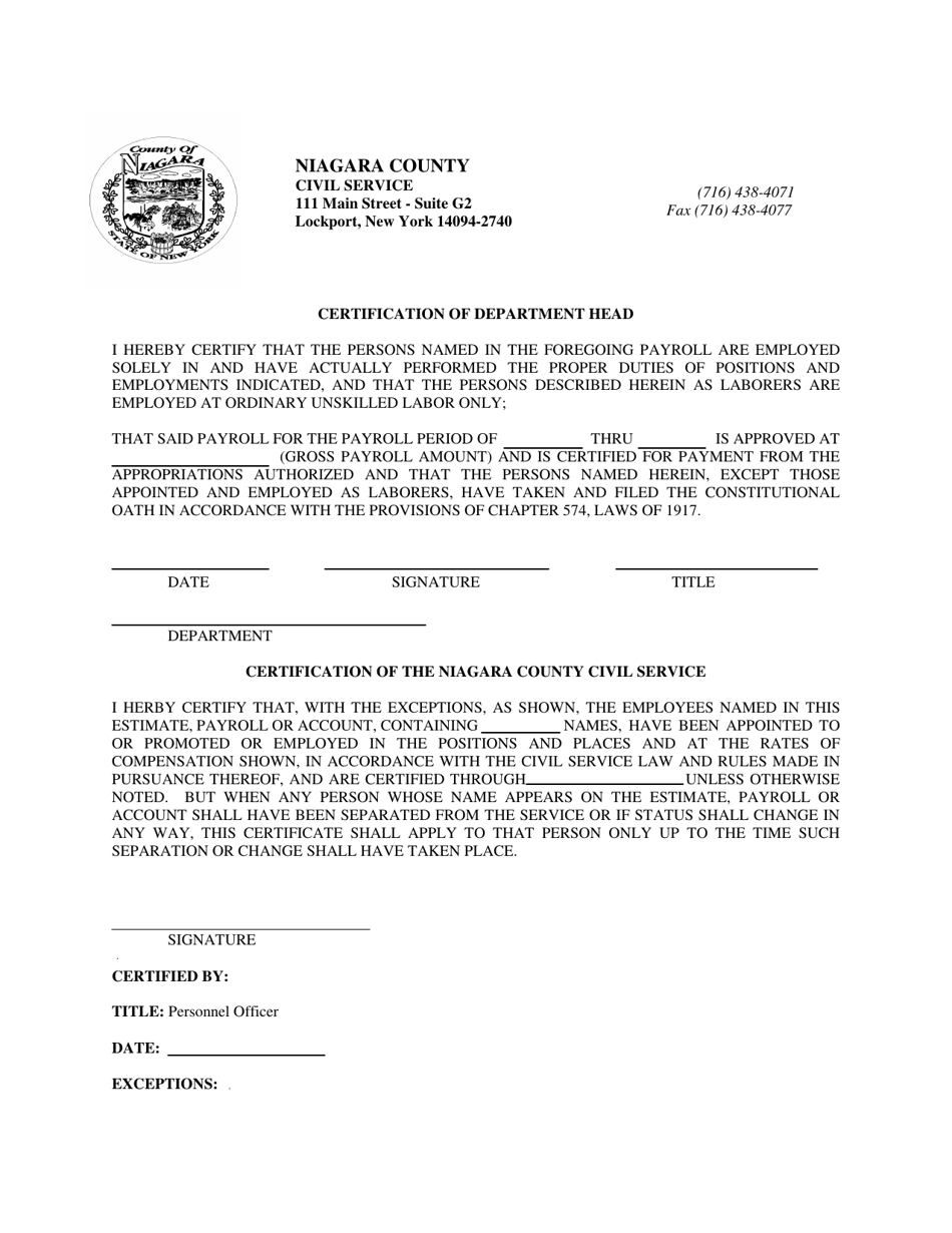 Payroll Certification Form for Municipalities - Niagara County, New York, Page 1