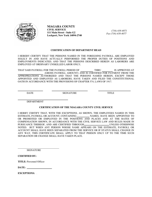 Payroll Certification Form for Municipalities - Niagara County, New York Download Pdf