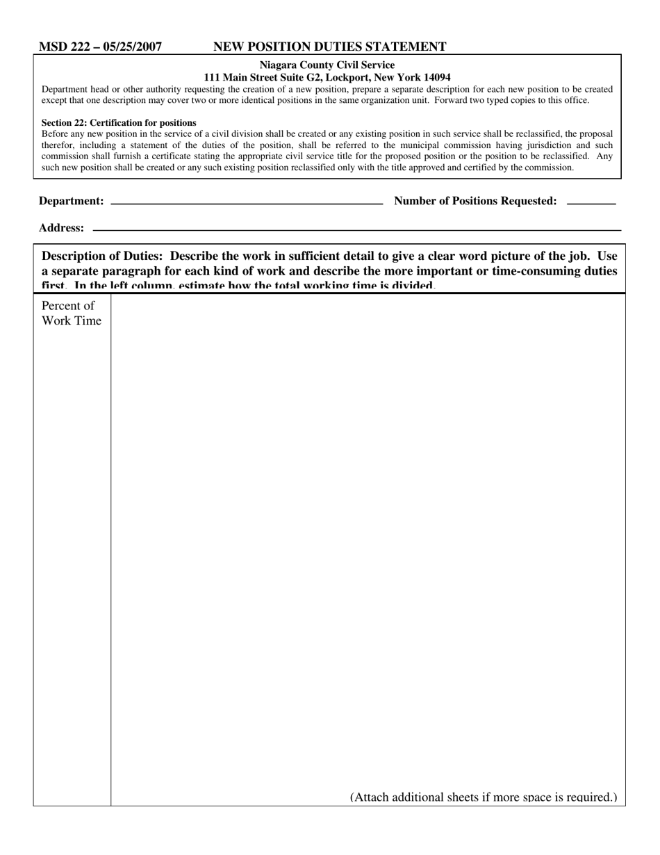 Form MSD222 New Position Duties Statement - Niagara County, New York, Page 1