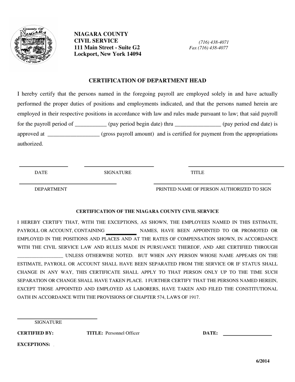 Payroll Certification Form - Niagara County, New York, Page 1